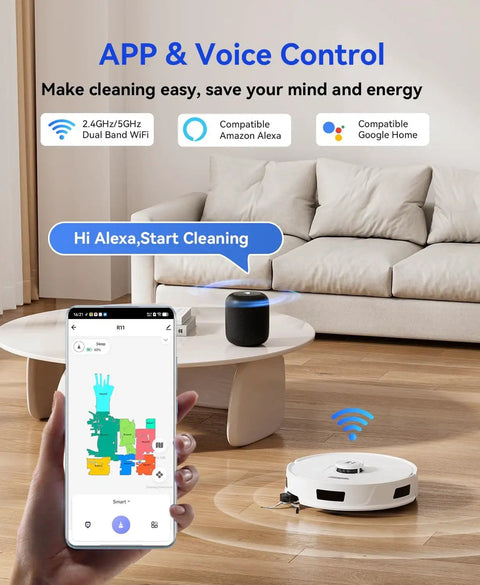 White Robot Vacuum And Mop With Beast 20000 Pa Suction, WiFi App Control, shown near sofa with smartphone app interface.