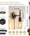 Steampunk Plug in Wall Sconces Set of Two, Wall Lamp Industrial, Rustic Wall Light Fixture with dimensions and E27 socket.