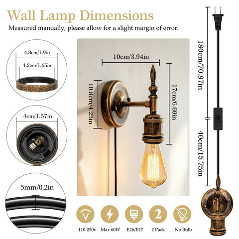 Steampunk Plug in Wall Sconces Set of Two, Wall Lamp Industrial, Rustic Wall Light Fixture with dimensions and E27 socket.