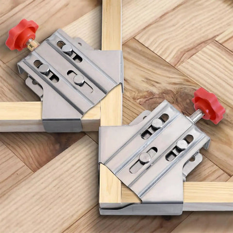 Rock Solid Dead On 90 Degree Angle Clamp Fixture With Stainless Steel Adjustable Grips holding wooden frames at precise right angles.