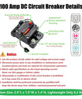 Image showing 100Amp DC Circuit Breaker Manual Reset Battery Disconnect Switch Covers 12V-48V with specifications and features.
