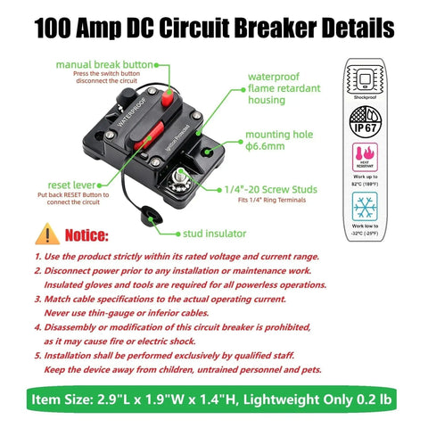 Image showing 100Amp DC Circuit Breaker Manual Reset Battery Disconnect Switch Covers 12V-48V with specifications and features.