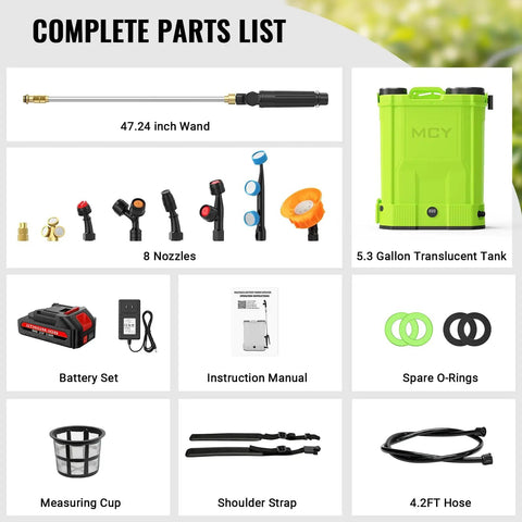 Battery Powered Backpack Sprayer 5.3 Gallon 20L With 21V Battery And 100 PSI Electric Garden Sprayer parts including nozzles and wand