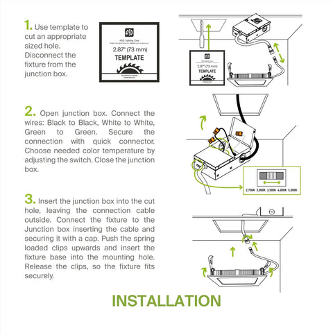 Installation guide for Six Pack 4 Inch Square LED Recessed Lights With 5 CCT 2700K To 5000K 12W 50W Equiv Canless Downlights