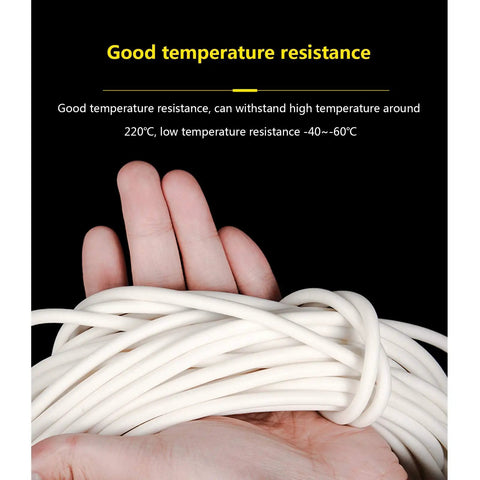Top-Tier Silicone Foam Round Sealing Strip 10M Long, showing flexible cord in hand, showcasing high temp resistance up to 220C.