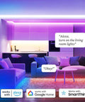 Smart Zigbee Multicolor LED Light Strip 2M Kit With RGBW, illuminating a living room, compatible with Alexa and Google Assistant