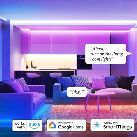 Smart Zigbee Multicolor LED Light Strip 2M Kit With RGBW, illuminating a living room, compatible with Alexa and Google Assistant