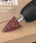 Premium 5 Pcs Cone Shaped Sanding Flap Wheels With 3mm And 6mm Shank attached to a drill for grinding wood.