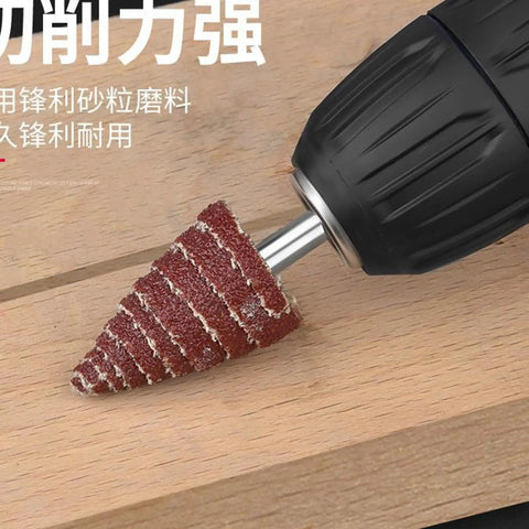Premium 5 Pcs Cone Shaped Sanding Flap Wheels With 3mm And 6mm Shank attached to a drill for grinding wood.