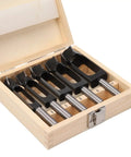 Built Like A Tank 5 Piece Wood Plug Cutter Set Carved From Tough High Carbon Steel Bits in wooden storage box.