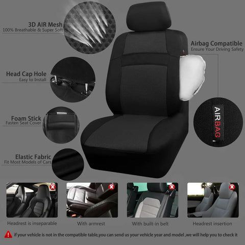 All Black 3D Air Mesh Car Seat Covers With 5mm Foam Padding, Airbag Compatible, Universal Fit For SUV Vans Sedans And Trucks, Full Set Interior Covers