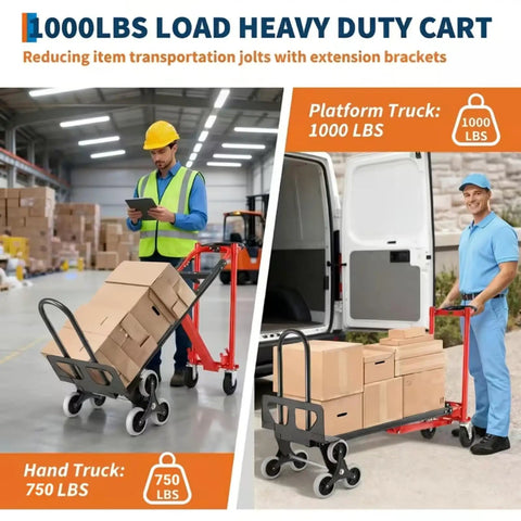 Heavy Duty Stair Climbing Hand Truck With 1000 Pounds Capacity 4 In 1 Convertible Dolly Cart in warehouse and van scene