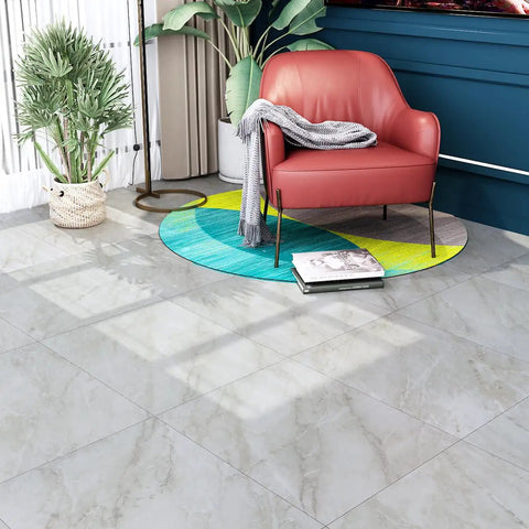 Living room with 32 Pack Peel And Stick Floor Tiles 12x12 Light Grey Marble Vinyl Flooring Self Adhesive Durable and Scratch Resistant
