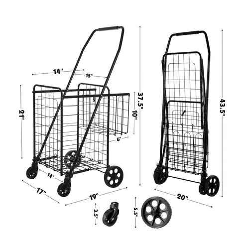 Folding Shopping Cart With 200 Lb Capacity, Heavy Duty Grocery Cart, Medium Size, measurements and metal frame detail