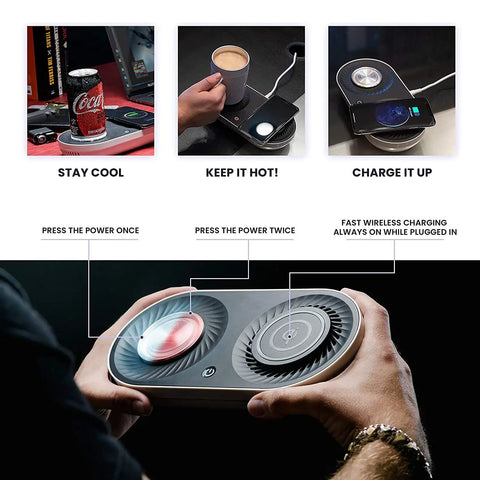 Slick Coffee Mug Warmer And Drink Cooler With Quick Wireless Charger 3 In 1 Electric Cup Heating Base showing temperature control features.