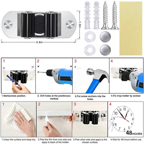 Installation steps for Heavy Duty Mop And Broom Wall Mount Organizer, includes tools and measurements, with stainless steel rack.