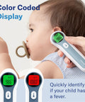 Forehead And Ear Thermometer For Adults Kids And Baby One Push Button Quick Readings Clinically Accurate And Reliable Magnetic Probe Cover Easy To Use Digital Thermometer For The Whole Fam. child using digital thermometer for ear reading, color coded display