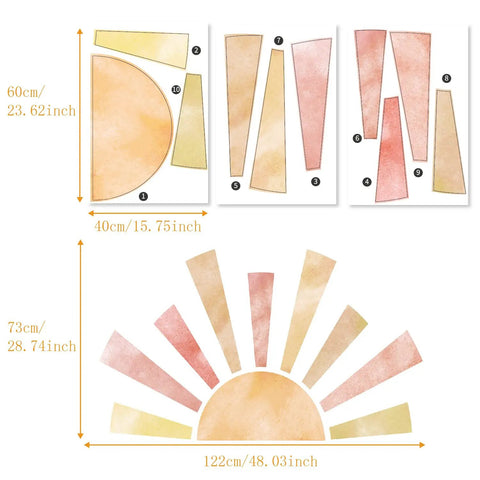 Large Fabric Watercolor Boho Half Sun Wall Decal Peel and Stick Pastel Sunrise Backdrop Murals Stickers 48.03 By 28.74 Inches