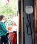 Heavy Duty 50 Amp EV Charging Receptacle NEMA 14-50R installed in garage with user connecting vehicle.
