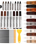 DIY Friendly Wood Repair Kit With 12 Color Fillers, 8 Color Markers, 8 Wax Sticks, 12 Brushes, Scraper And Sharpener