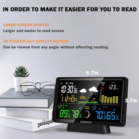 All-In-One Weather Station With No-Fuss Self-Emptying Wireless Rain Gauge For Indoor Outdoor Use, on table with books and glasses