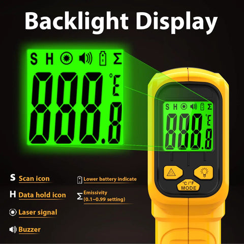 Infrared Temperature Gun Non Contact Laser Thermometer For Industrial And Kitchen Use With Adjustable Emissivity And Digital Readout