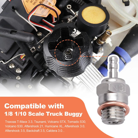 Close-up of N3 Glow Plug RC Pack for 1/8 and 1/10 Nitro Engines, Hot Glow Plug No 3, with nitro engine in background, Two Pack