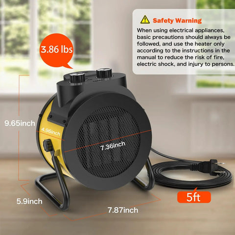 Indoor Space Heater 1500W PTC Ceramic With 90 Degree Adjustable Angle Rapid Safe Heating Quiet Portable Heater For Home Office Compact Desk Heater Yellow showing dimensions and weight