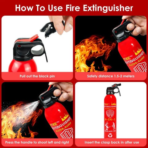 Steps to use 620ml Large 8 In 1 Water Based Fire Extinguisher For Home Car Boat Kitchen With Wall Mount Portable Grab And Go Ready