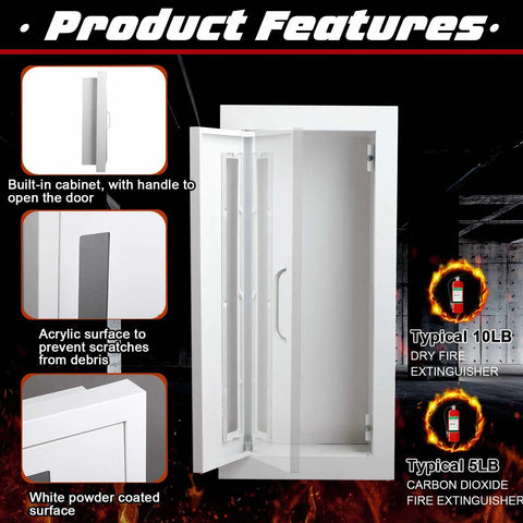 Semi Recessed Fire Extinguisher Cabinet For 10 Pound Dry Chemical Extinguisher Unit Industrial Wall Mount Box With Handle Door White Finish 4 Inch Wall Depth Easy Install Built In Mounting Quick Access Fits Extinguishers Up To 24 Inches High with open door view highlighting features.