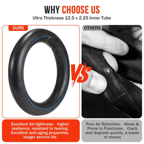 Comparison of two pack 12.5x2.25 inch inner tubes with angled valve for electric scooters, showing our product vs others