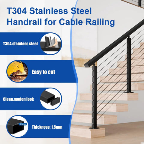 Beefy Stainless Steel Cable Railing Handrail 6 ft 6 in Black Rectangular Flat Top Rail with ads highlighting features