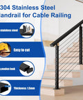 Pro Grade Matte Black Cable Railing Handrail Four Pack 6 Feet 6 Inches Solid Stainless Steel Tubing on modern staircase.