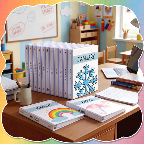 12 Pack 1 Inch 3 Ring Monthly Binder Set For Teachers, Classroom Organizer with Seasonal Month Labels on a desk
