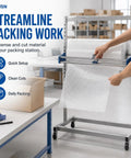 Rock Solid Industrial Packaging Roll Stand With No Hassle Slide Cutter And Easy Roll Casters, dispensing bubble wrap in a warehouse.
