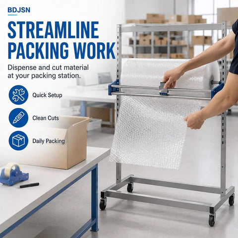 Rock Solid Industrial Packaging Roll Stand With No Hassle Slide Cutter And Easy Roll Casters, dispensing bubble wrap in a warehouse.
