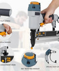 Heavy Duty 16 Ga And 18 Ga Pneumatic Brad Nailer Featuring Slick Depth Adjustment Knobs, showing trigger, grip, and exhaust details.