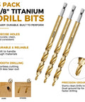 3 Pack 3/8" Titanium Drill Bits with precision ground tip for accurate holes. Sharp, durable design for woodworking projects.