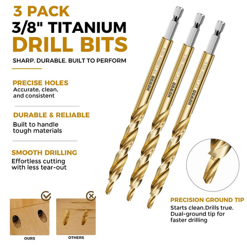 3 Pack 3/8" Titanium Drill Bits with precision ground tip for accurate holes. Sharp, durable design for woodworking projects.
