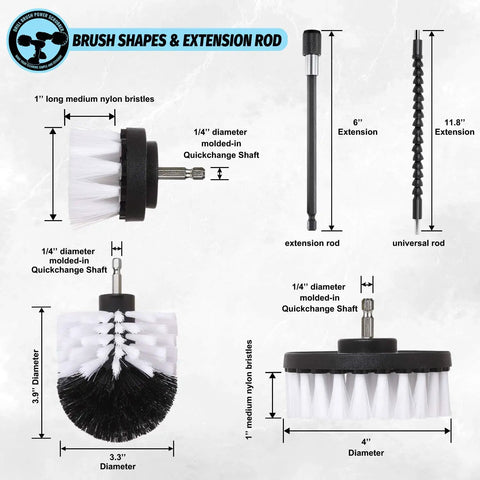 16 Pc Drill Brush Car Detailing Kit With Soft Bristle Scrubber And Extend Attachment; brush shapes and extension rods.