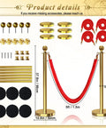 Gold Stanchions With Red Velvet Ropes, 6 Posts And 4 Five Foot Ropes, Crowd Control Barriers For Parties Or Events, Velvet Rope Poles For Red Carpet Vibe And Easy Setup with assembly parts