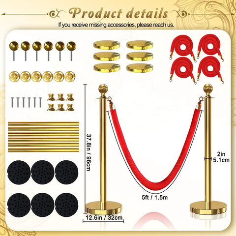 Gold Stanchions With Red Velvet Ropes, 6 Posts And 4 Five Foot Ropes, Crowd Control Barriers For Parties Or Events, Velvet Rope Poles For Red Carpet Vibe And Easy Setup with assembly parts