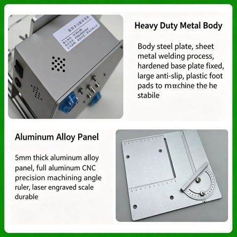 Heavy duty metal body and aluminum alloy panel of Portable Mini Belt Polisher And 4 In 1 Bench Grinder with adjustable angle ruler.
