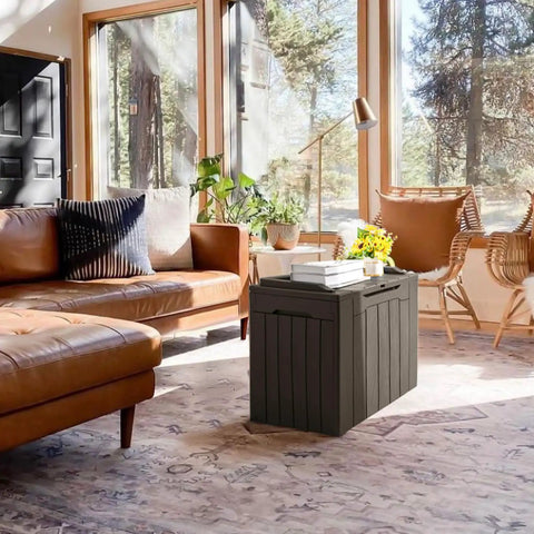 31 Gallon Resin Deck Box Waterproof Outdoor Storage For Patio Cushions And Garden Tools Brown Durable Weatherproof Chest placed indoors