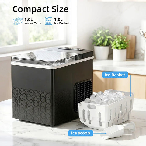 Compact Countertop Ice Maker With One Touch Auto Clean System That Skips The Grunt Work Cools Down Fast And Spits Out Crisp Crystal Clear Ice in a kitchen setting.