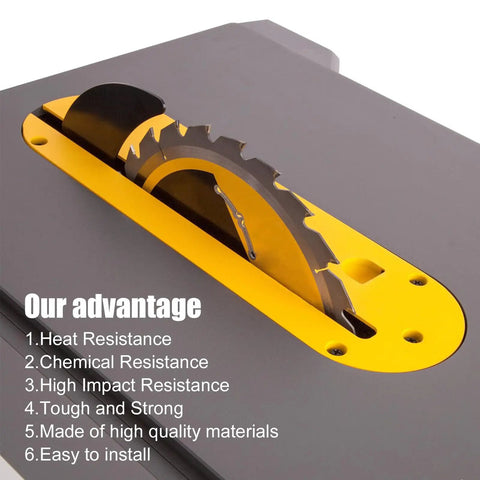 Heavy Duty Dado Throat Plate For 10 Inch Job Site Table Saw showing 10-inch blade opening with safety features.