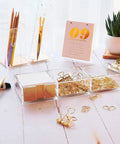 Premium Acrylic And Gold Base Note Holder And Paper Clip Organizer For Desk Cube Memo Pad 3 Compartments Modern Desk