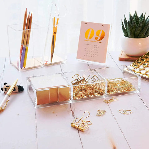 Premium Acrylic And Gold Base Note Holder And Paper Clip Organizer For Desk Cube Memo Pad 3 Compartments Modern Desk