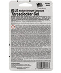 Back view of packaging for Blue Medium Strength Threadlocker Gel, with text and barcode