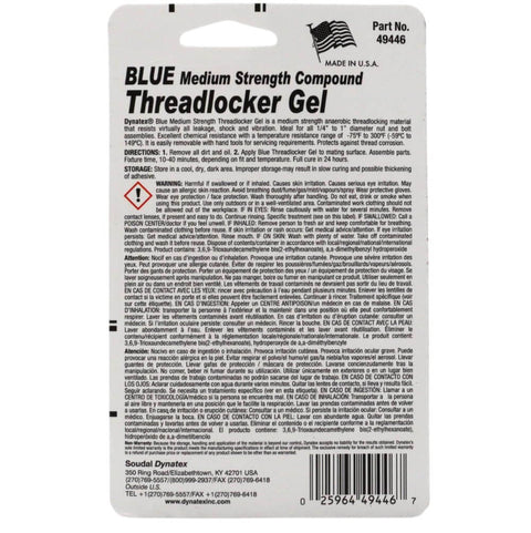 Back view of packaging for Blue Medium Strength Threadlocker Gel, with text and barcode